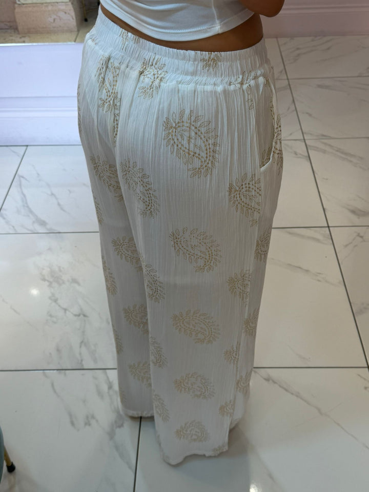 Harriet White &amp; Gold Paisley Pattern Trousers