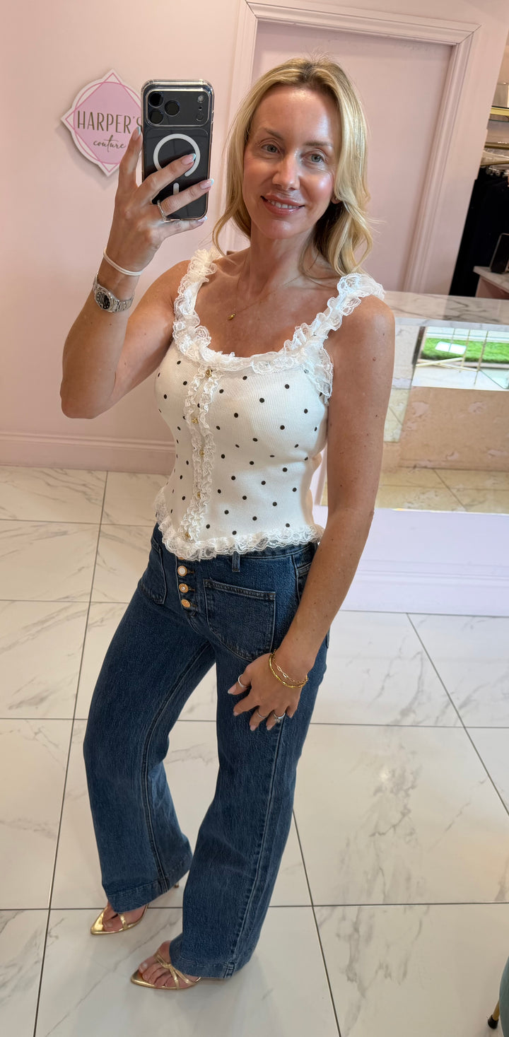 Ellen Polka Dot &amp; Lace Trim Top