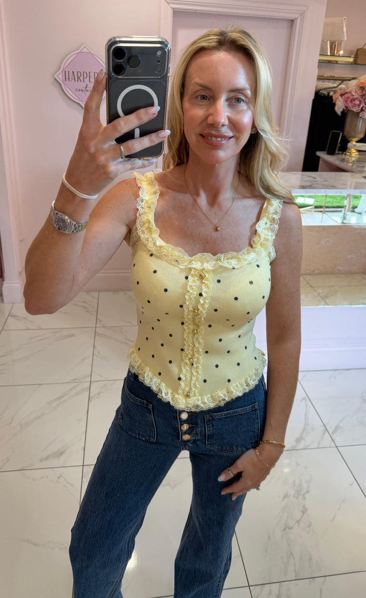 Ellen Polka Dot &amp; Lace Trim Top