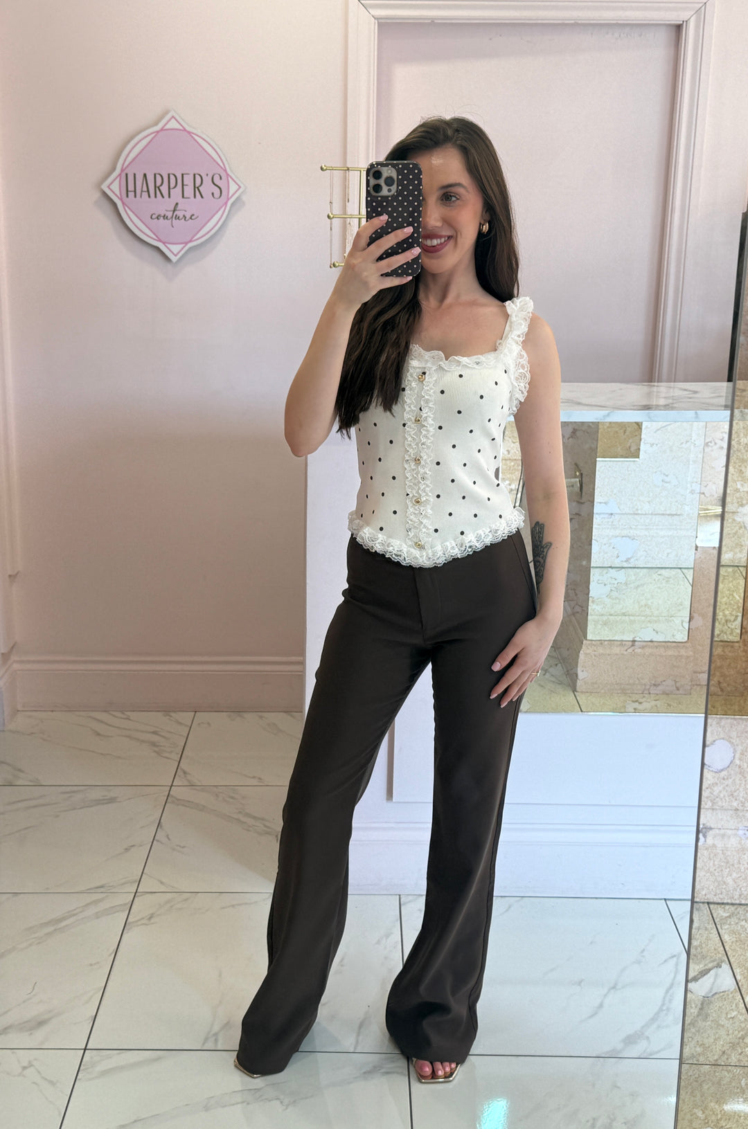 Ellen Polka Dot &amp; Lace Trim Top