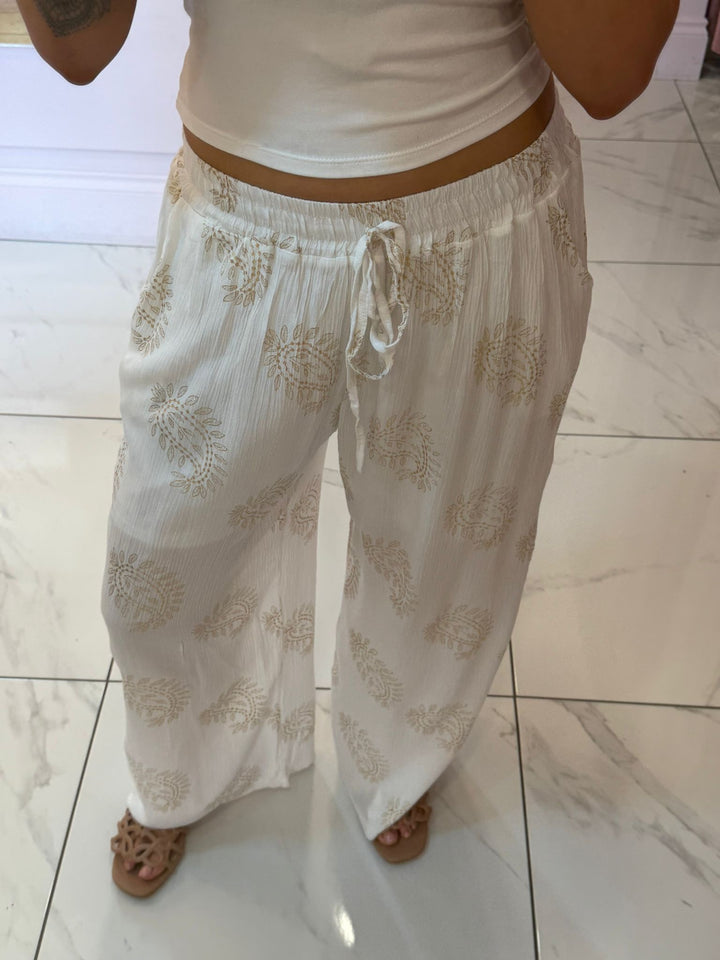 Harriet White &amp; Gold Paisley Pattern Trousers