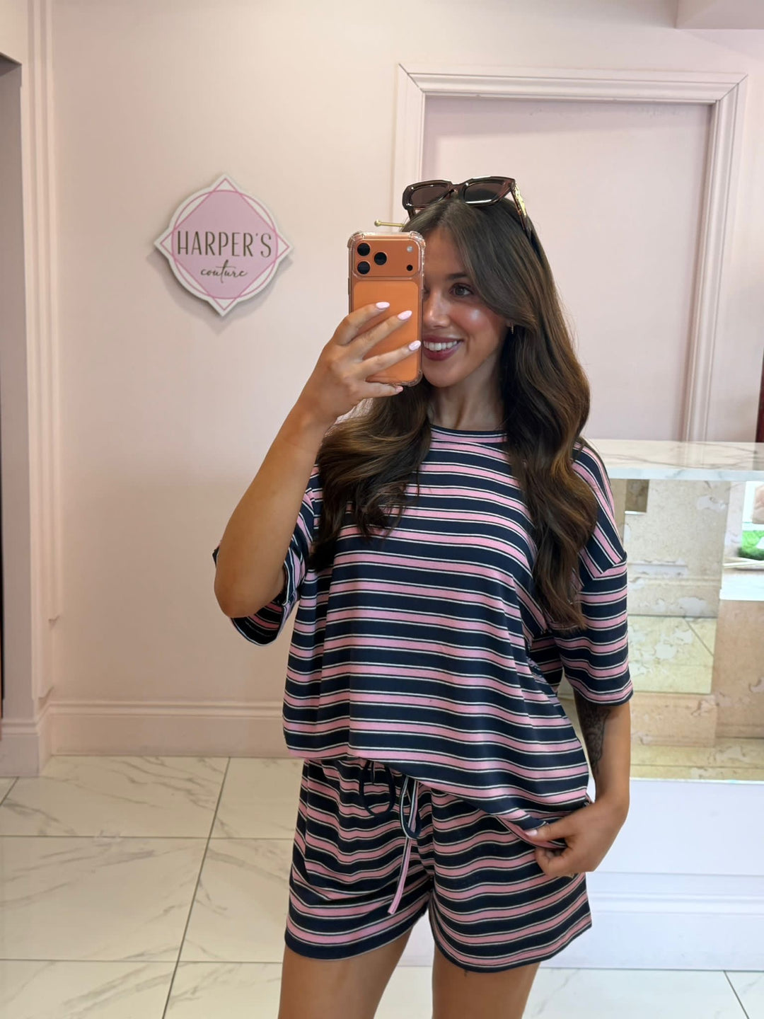 Mitzy Navy &amp; Pink Striped Oversized T Shirt &amp; Short Co Ord Set