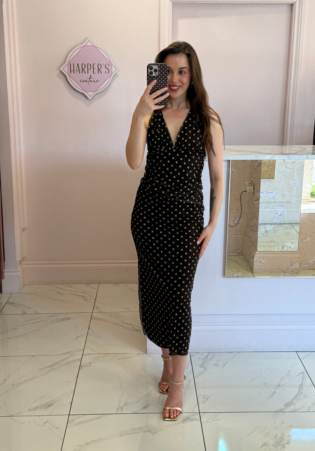 Abigail Chocolate Polka Dot Mesh Skirt &amp; Top Co Ord