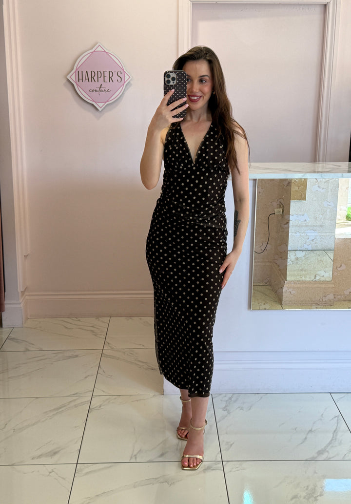 Abigail Chocolate Polka Dot Mesh Skirt &amp; Top Co Ord