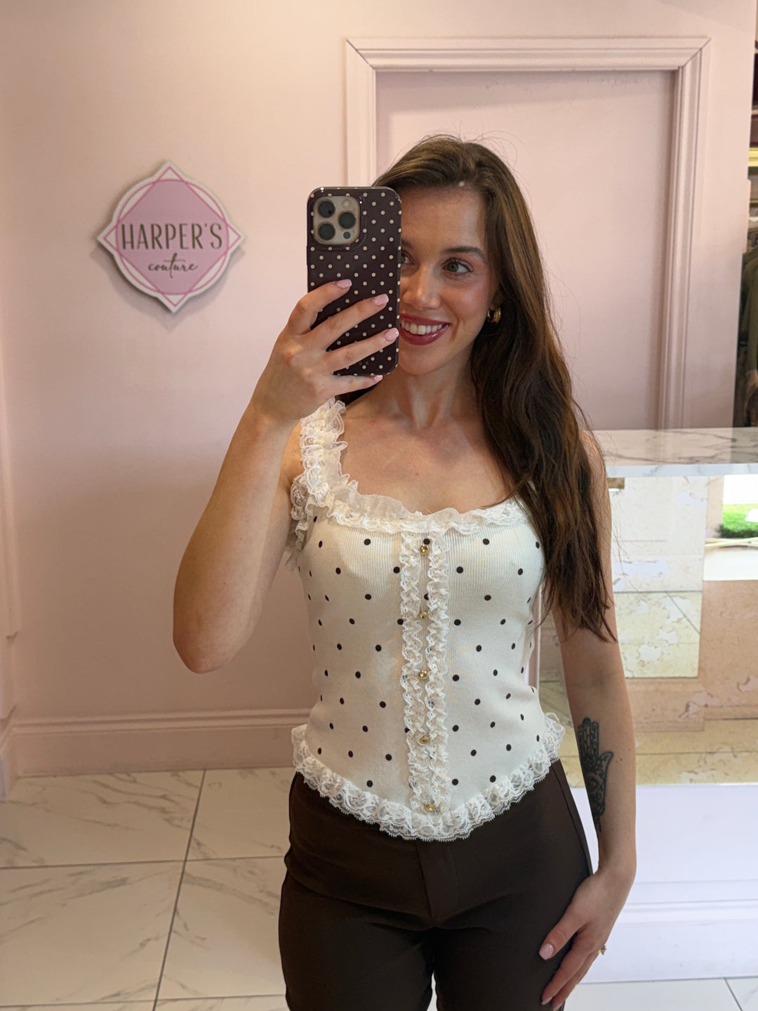Ellen Polka Dot &amp; Lace Trim Top