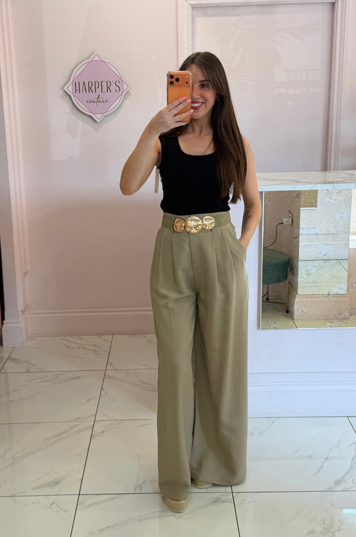 Isla Khaki Linen Look Wide Leg Belted Trousers