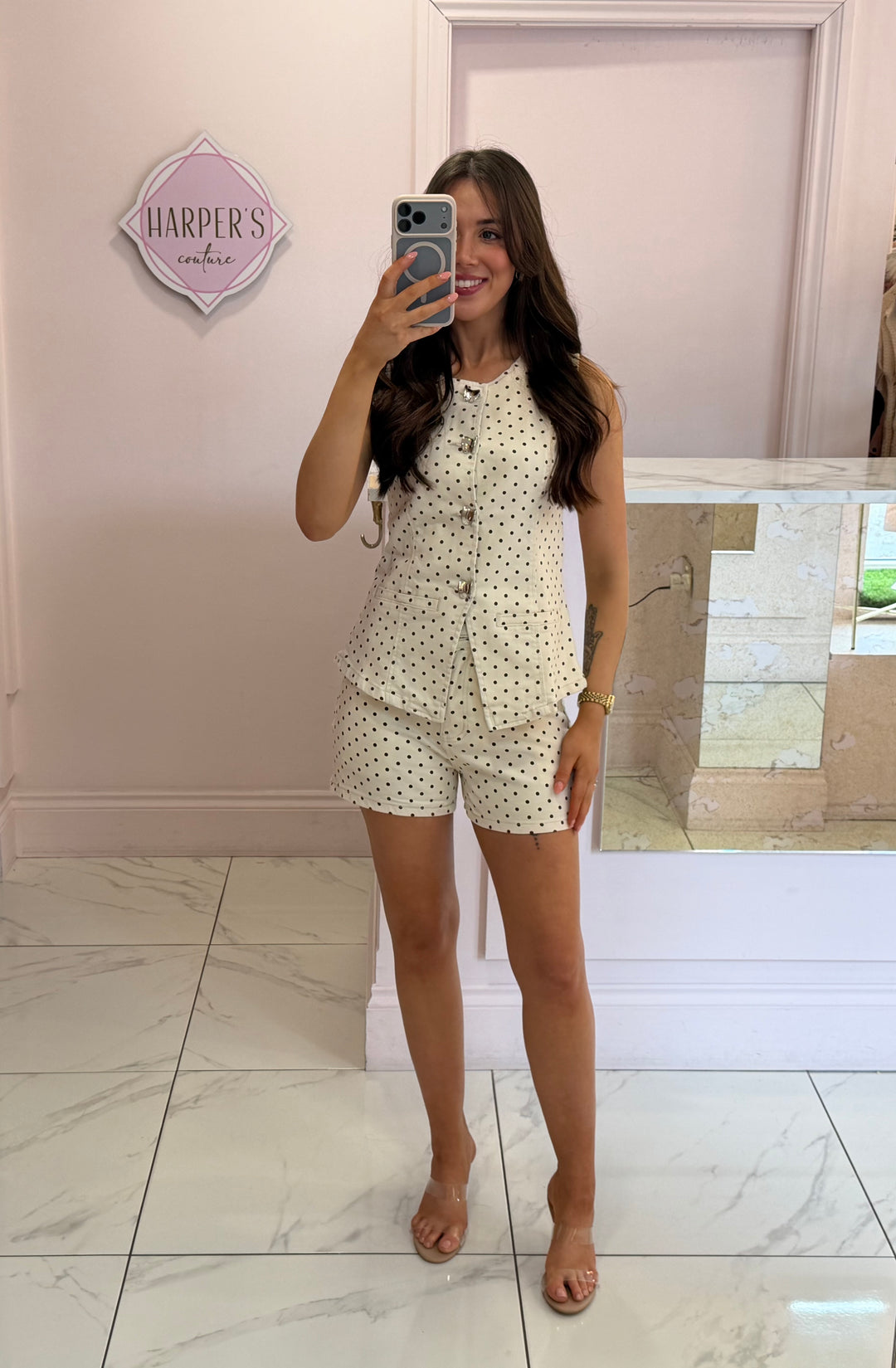Lainey Denim Polka Dot Waistcoat &amp; Short Co Ord
