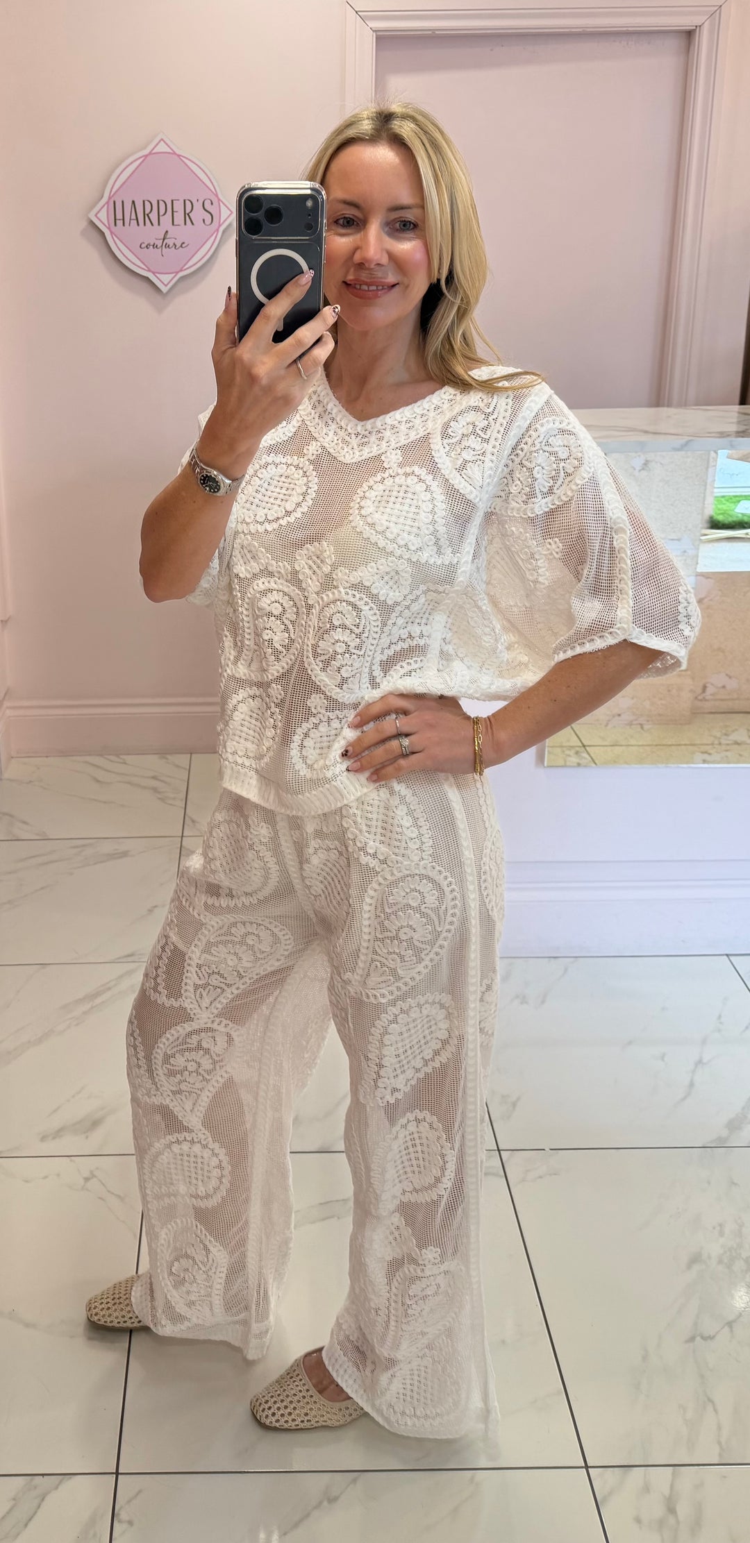 Cerys Paisley Crochet Sheer Top &amp; Trouser Co Ord Set