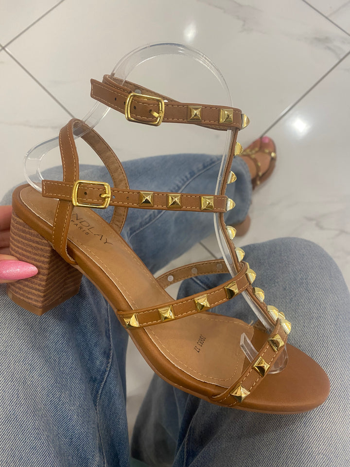 Valetta Tan Studded Block Heel Sandals