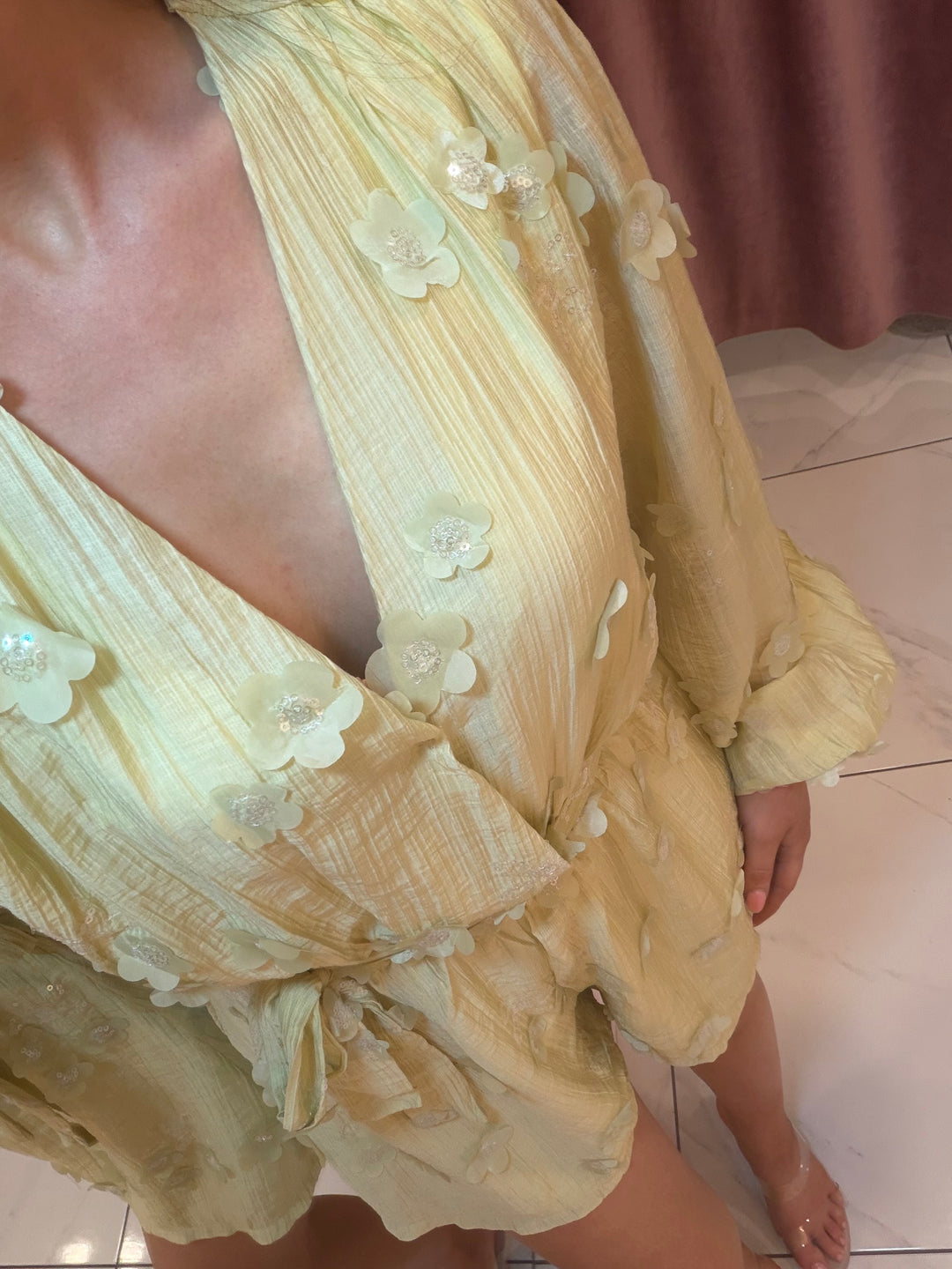 Oria Soft Green Floral Appliqué Playsuit