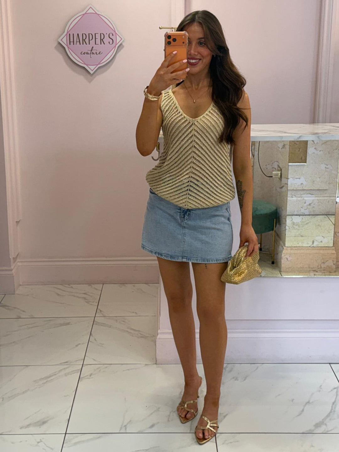 Mabel Gold Crochet Vest Top