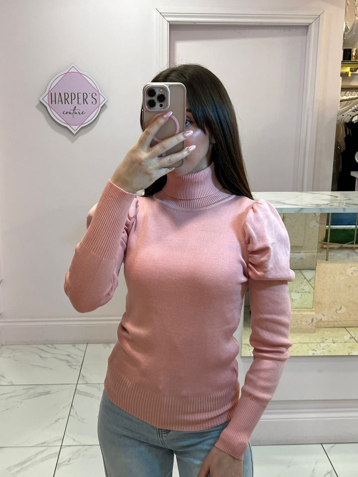 Patty Pink Puff Sleeve Polo Neck Knit Jumper