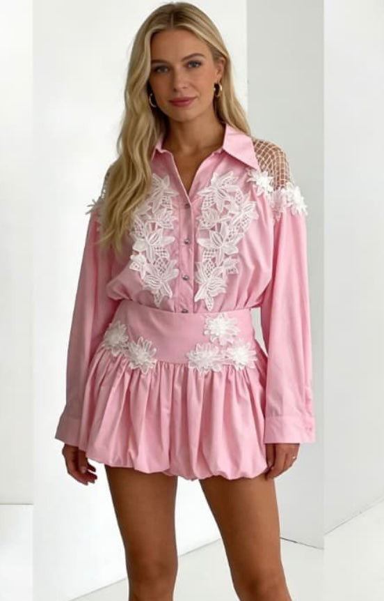 Suzy Floral Embroidered Shirt &amp; Puffball Skort Co Ord Set