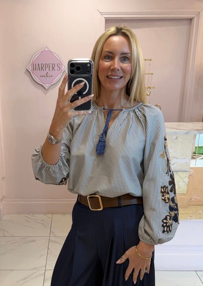 Andrea Stripe & Embroidery Detail Shirt/Blouse