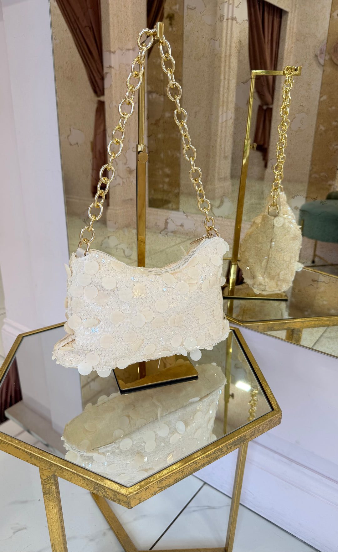 Bambi Sequin &amp; Disk Cream Bag With Gold Chain