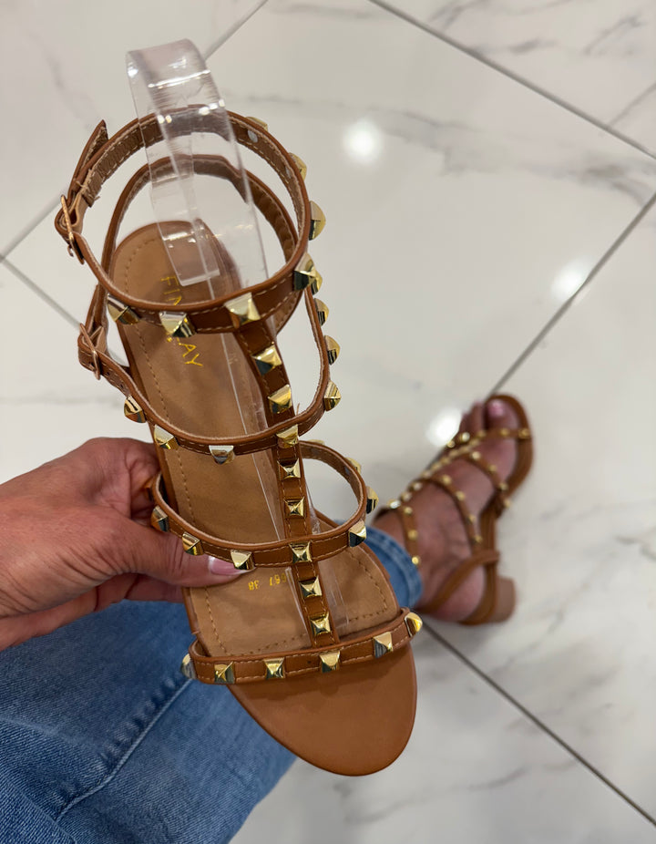 Valetta Tan Studded Block Heel Sandals