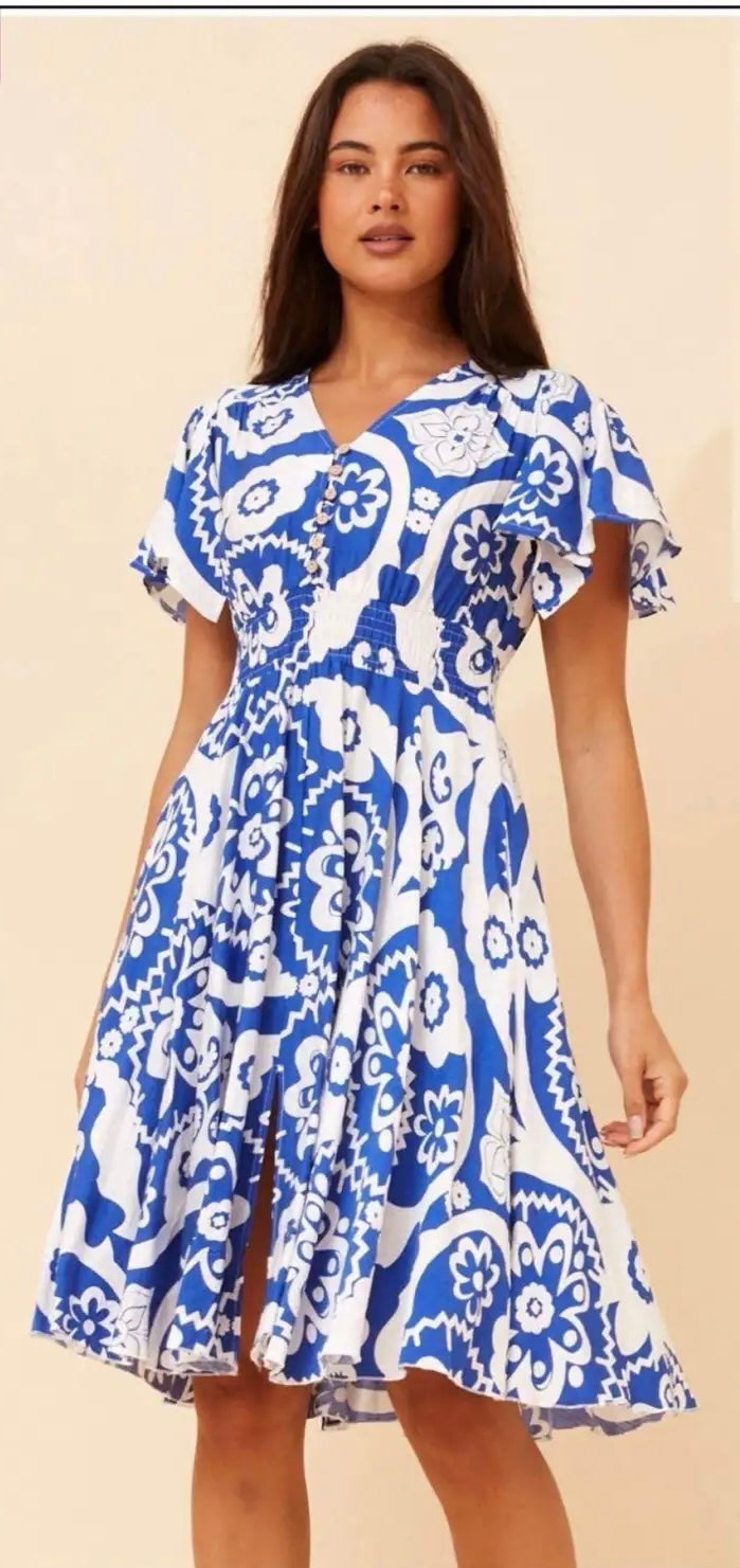 Mina Blue &amp; White Print Fit &amp; Flare Summer Dress