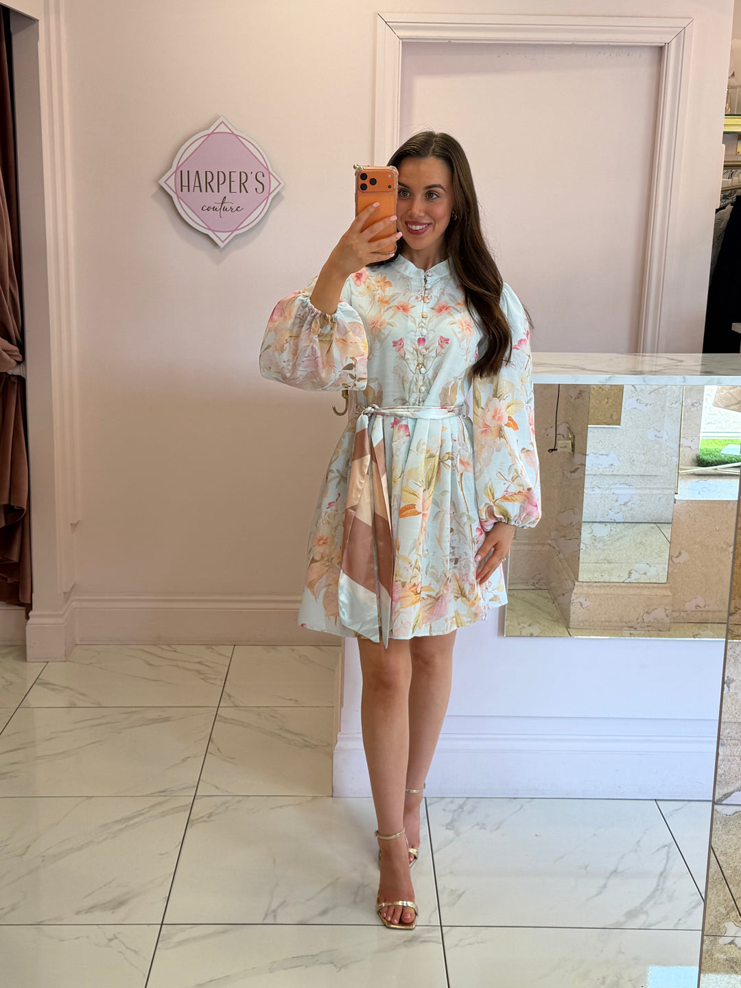 Floella Blue Belted Multicoloured Flower Dress