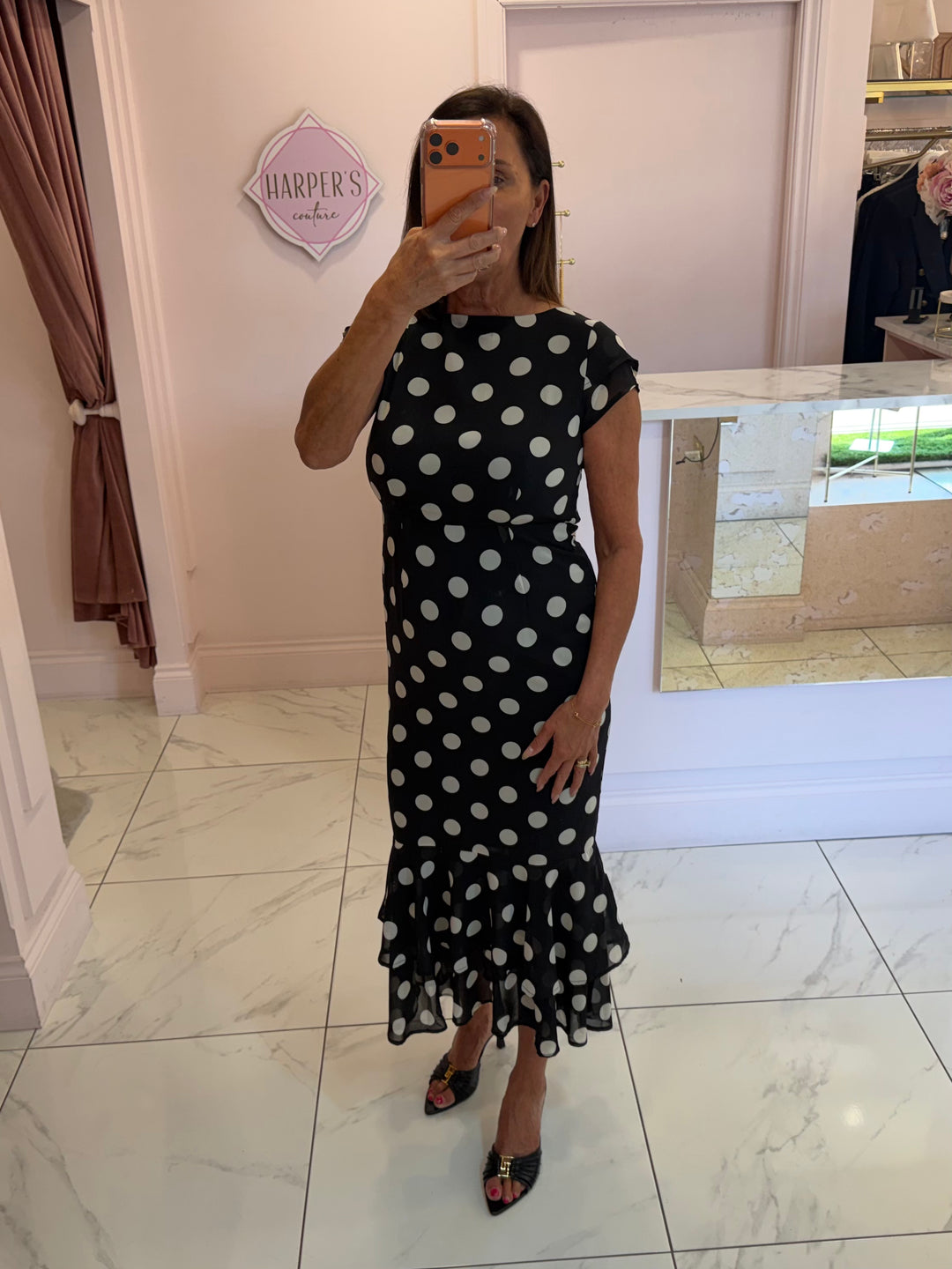 Roxy Boat Neck Frill Midi Black Spot