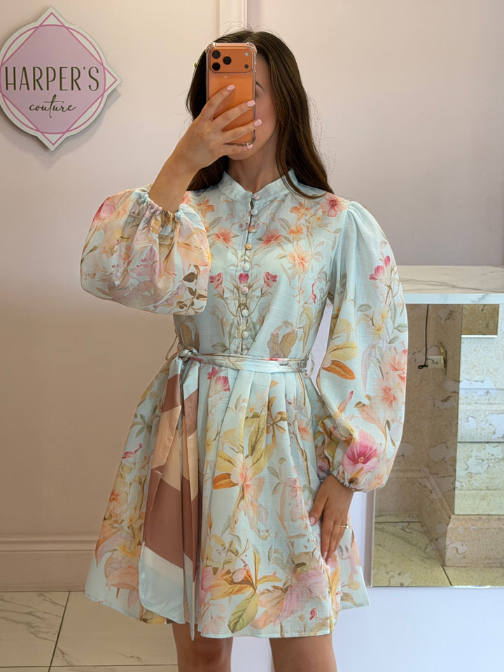 Floella Blue Belted Multicoloured Flower Dress