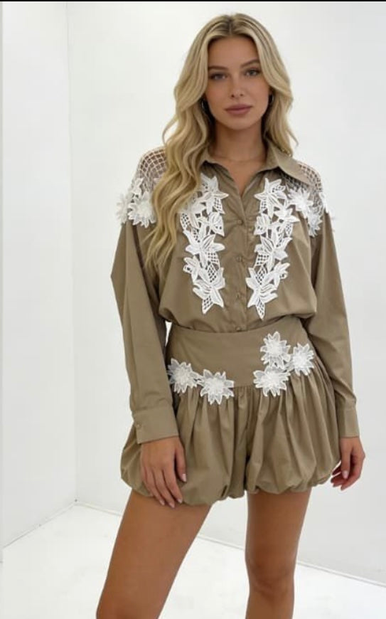 Suzy Floral Embroidered Shirt &amp; Puffball Skort Co Ord Set