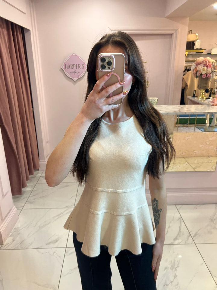 Lana Cream Peplum Detail Knit Top