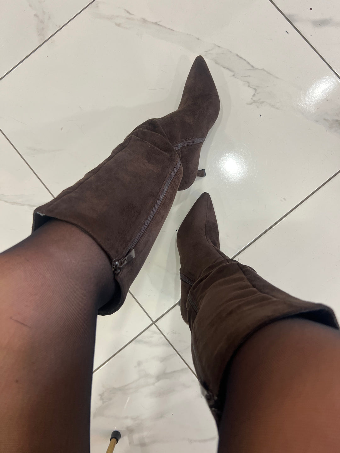 Bronxy Brown Suede Low Heel Knee Boots
