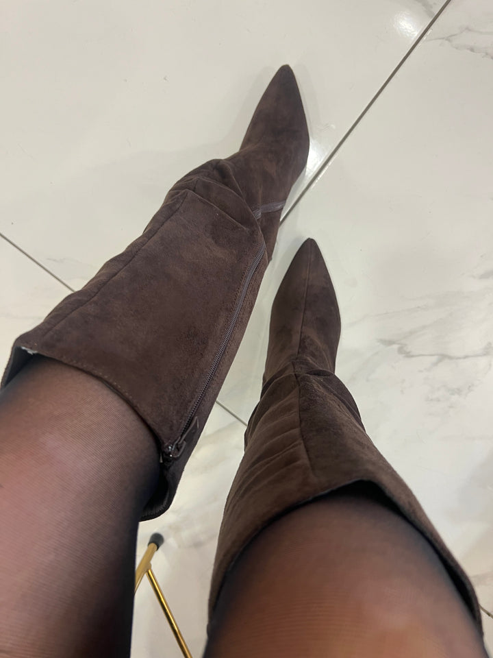 Bronxy Brown Suede Low Heel Knee Boots
