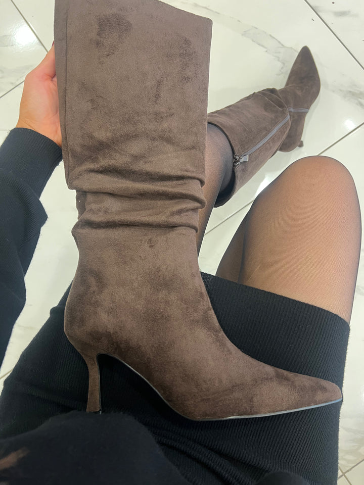 Bronxy Brown Suede Low Heel Knee Boots