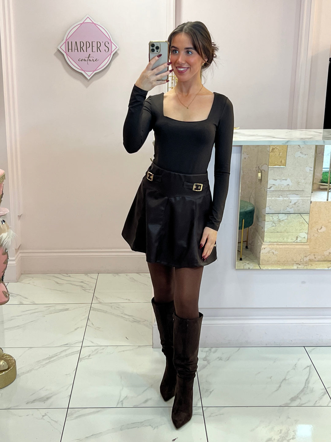Mally Chocolate Gold Buckle Faux Leather Skirt