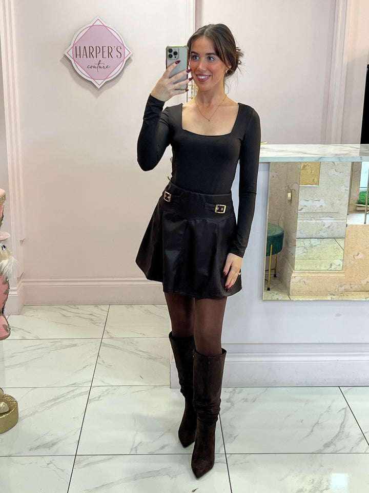 Mally Chocolate Gold Buckle Faux Leather Skirt