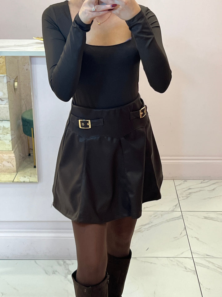 Mally Chocolate Gold Buckle Faux Leather Skirt