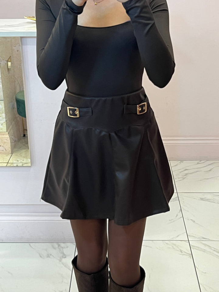 Mally Chocolate Gold Buckle Faux Leather Skirt