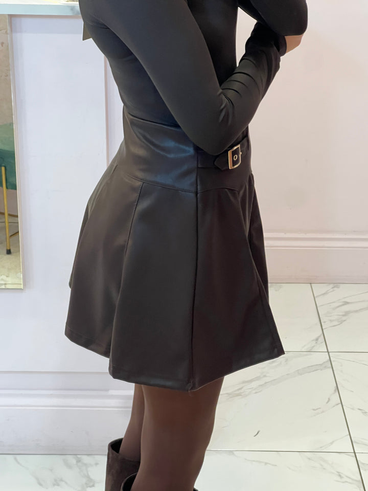 Mally Chocolate Gold Buckle Faux Leather Skirt