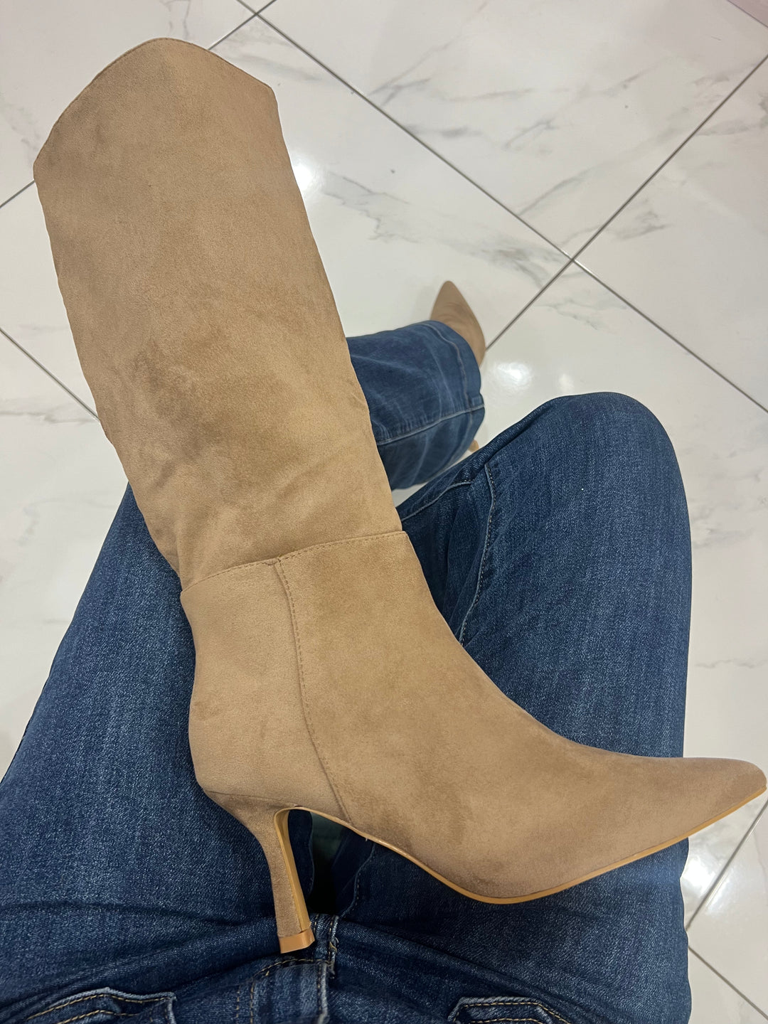 Bronxy Taupe Suede Low Heel Knee Boots