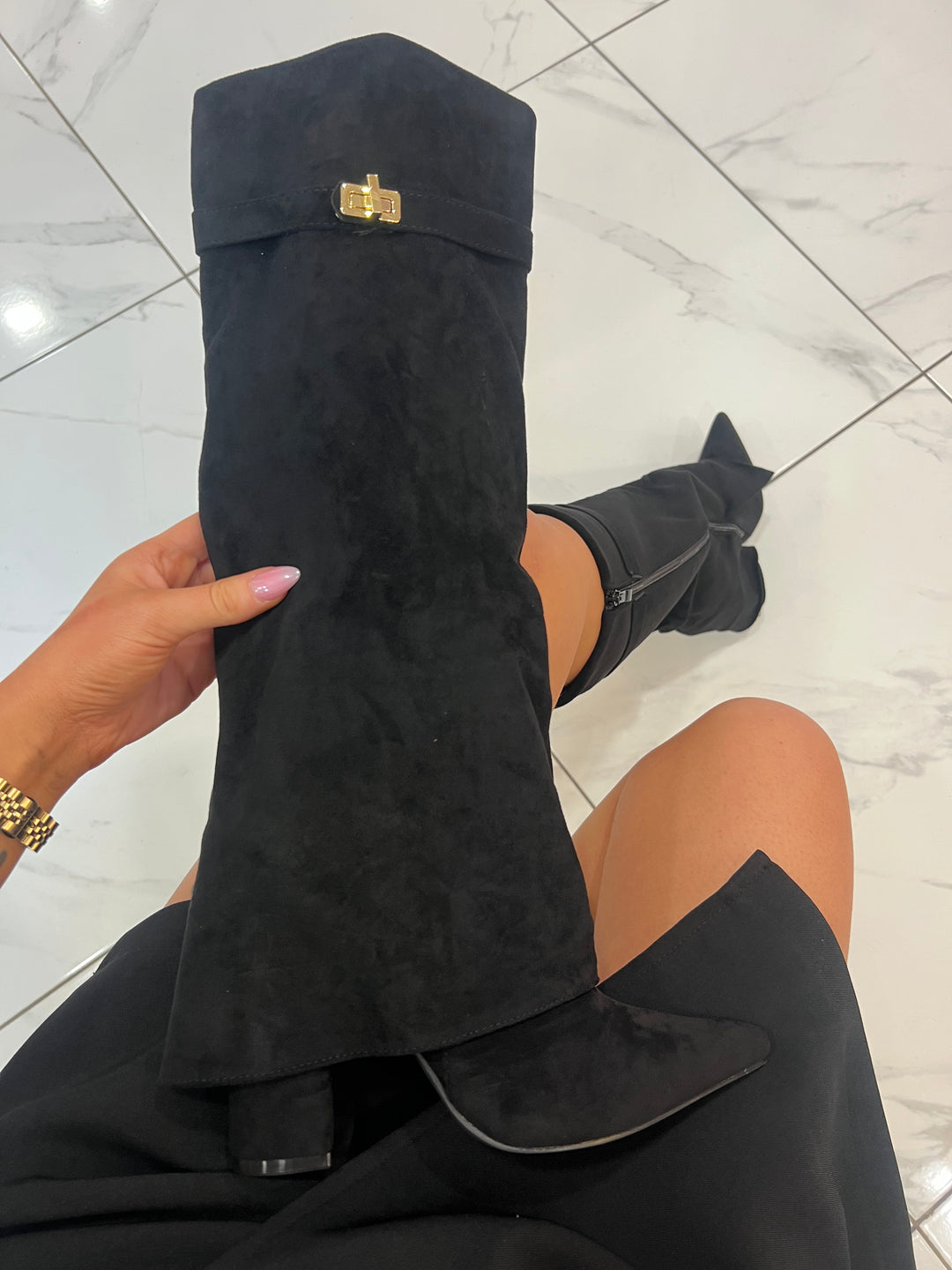 Sadie Black Knee High Fold Over Boots