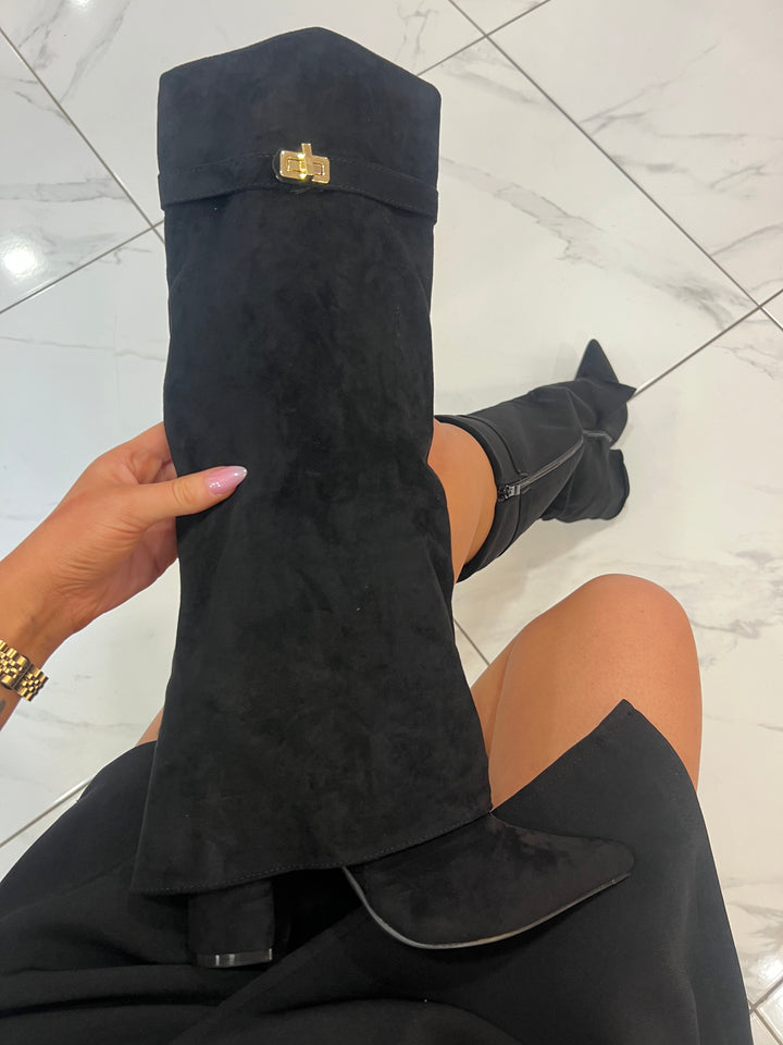 Sadie Black Knee High Fold Over Boots