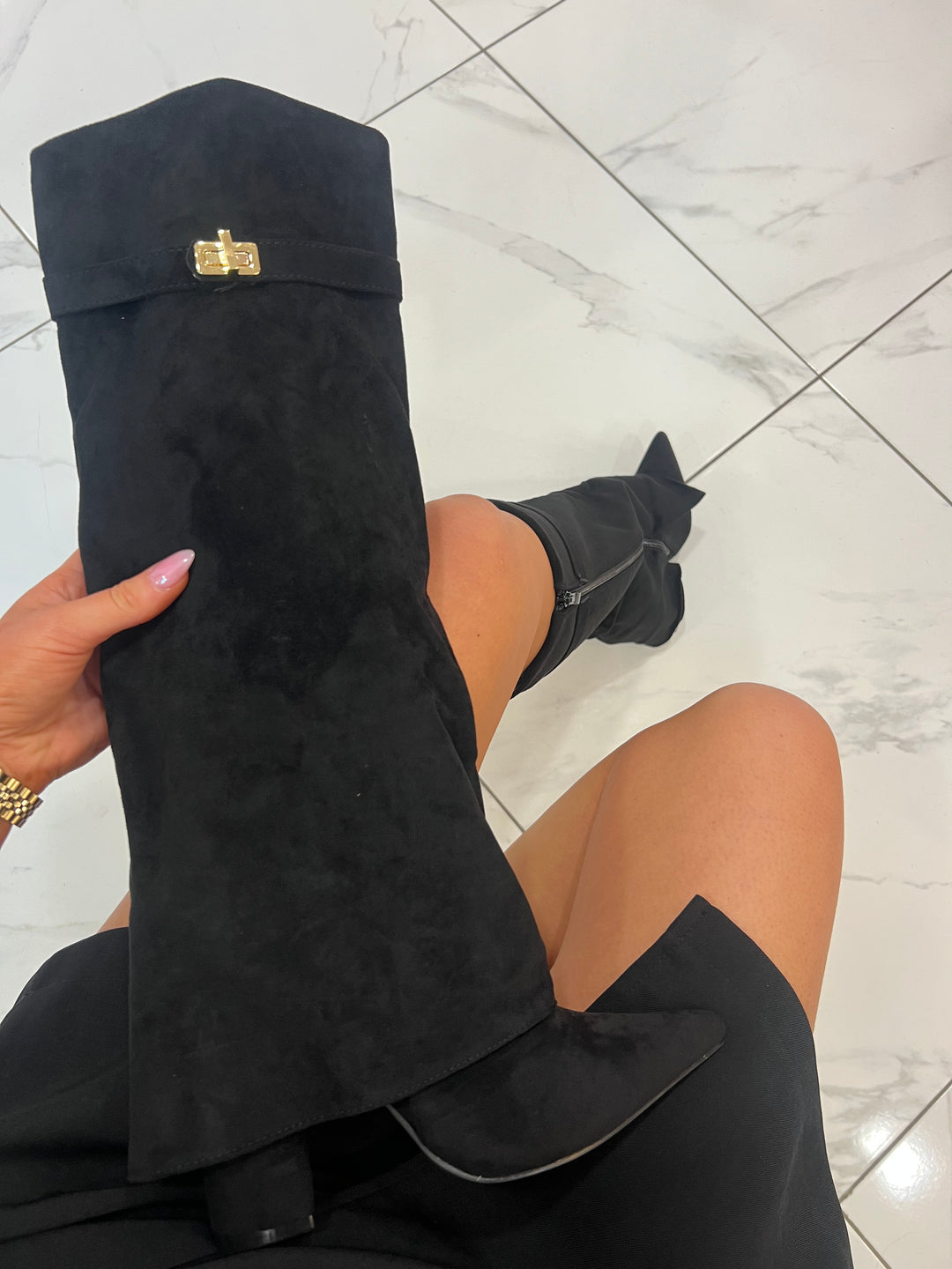 Sadie Black Knee High Fold Over Boots