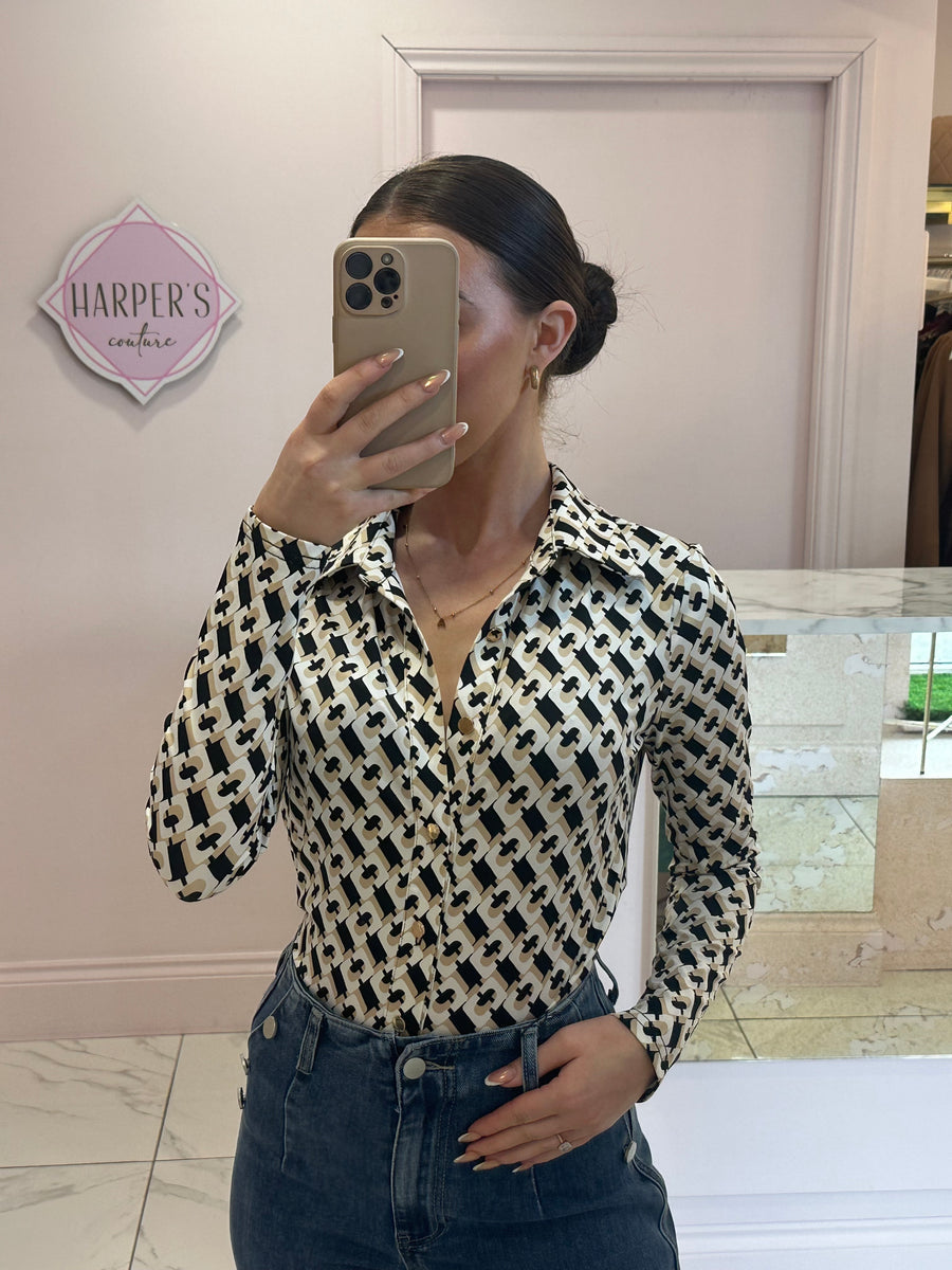 Geo Print Black, Beige &amp; White Blouse