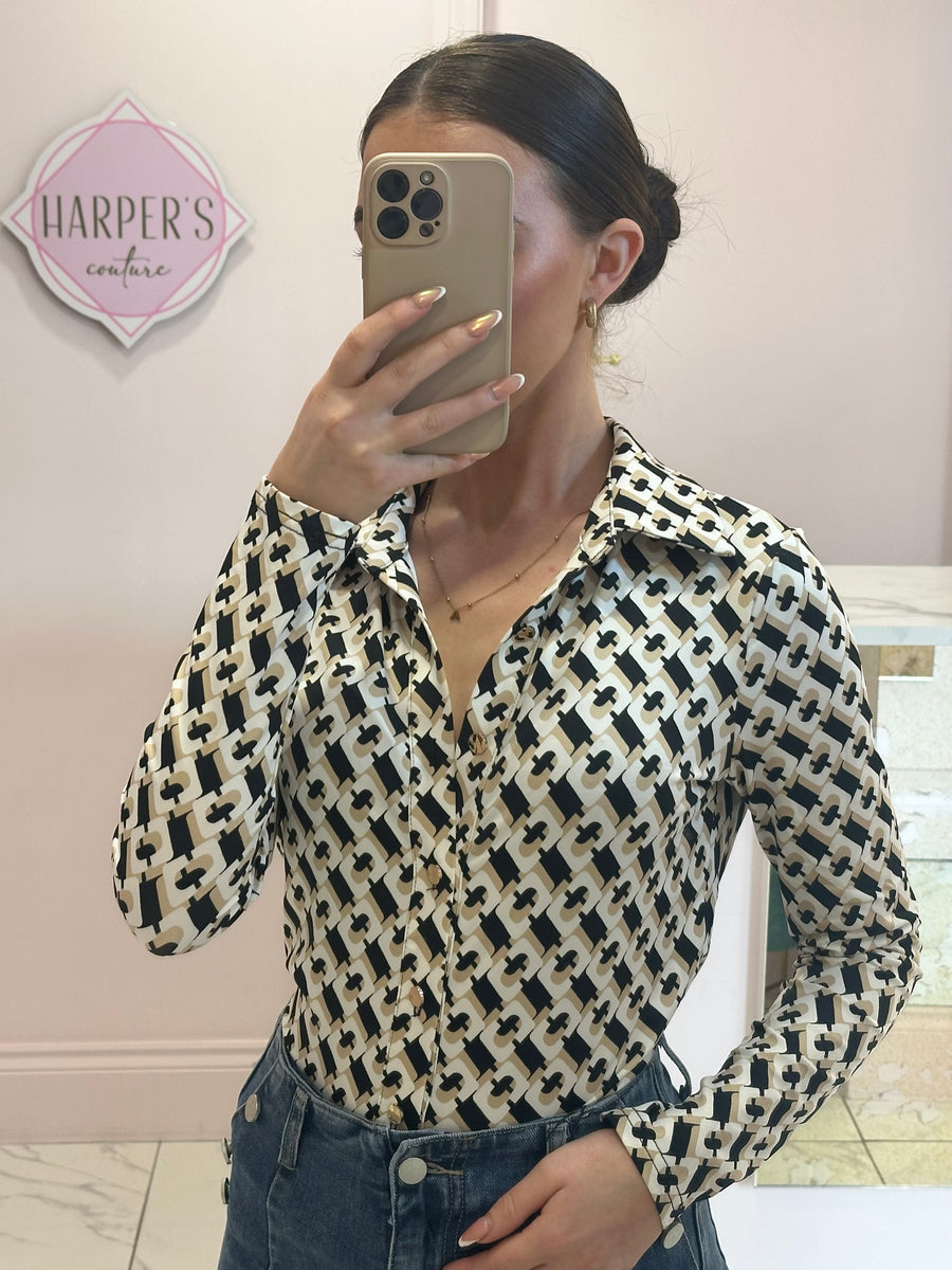 Geo Print Black, Beige &amp; White Blouse