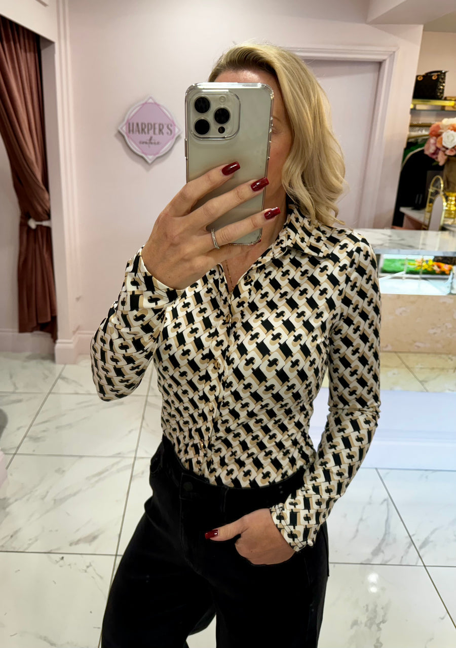 Geo Print Black, Beige &amp; White Blouse