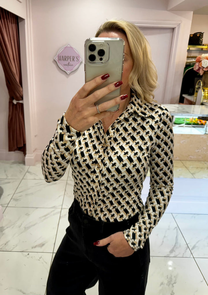 Geo Print Black, Beige &amp; White Blouse