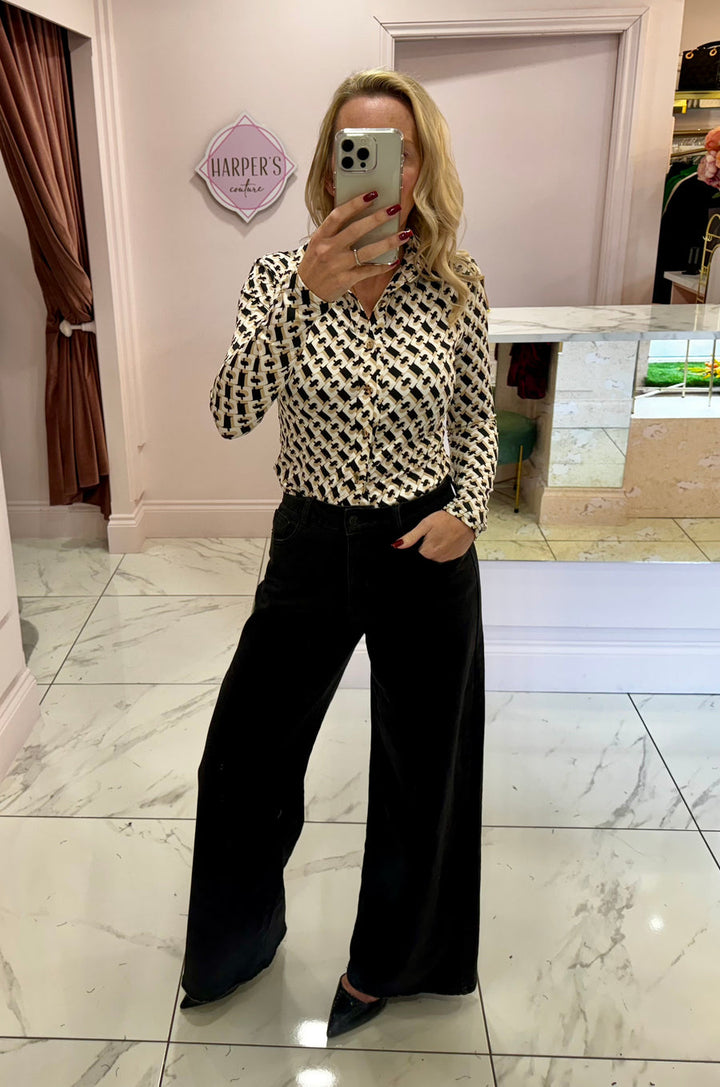 Geo Print Black, Beige &amp; White Blouse