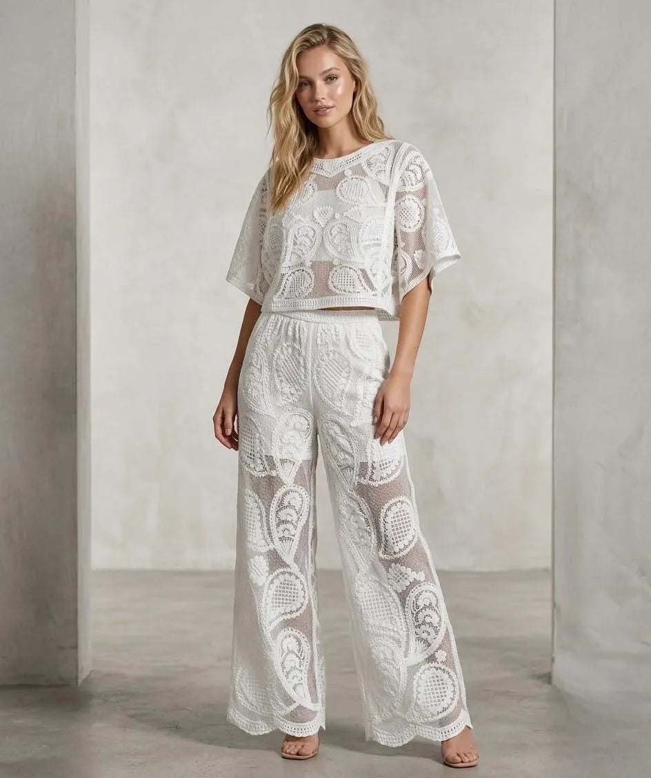 Cerys Paisley Crochet Sheer Top &amp; Trouser Co Ord Set
