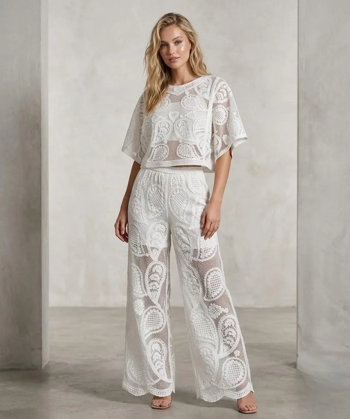 Cerys Paisley Crochet Sheer Top &amp; Trouser Co Ord Set