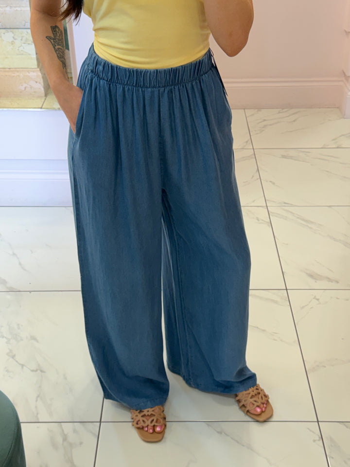 Taya Blue Stretch Wide leg Trouser