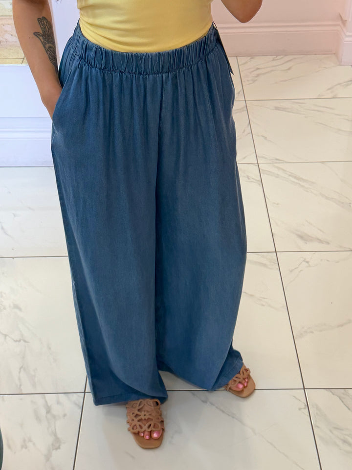 Taya Blue Stretch Wide leg Trouser