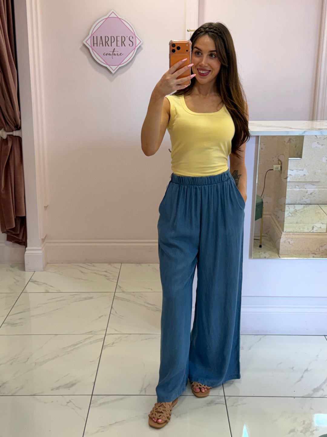 Taya Blue Stretch Wide leg Trouser
