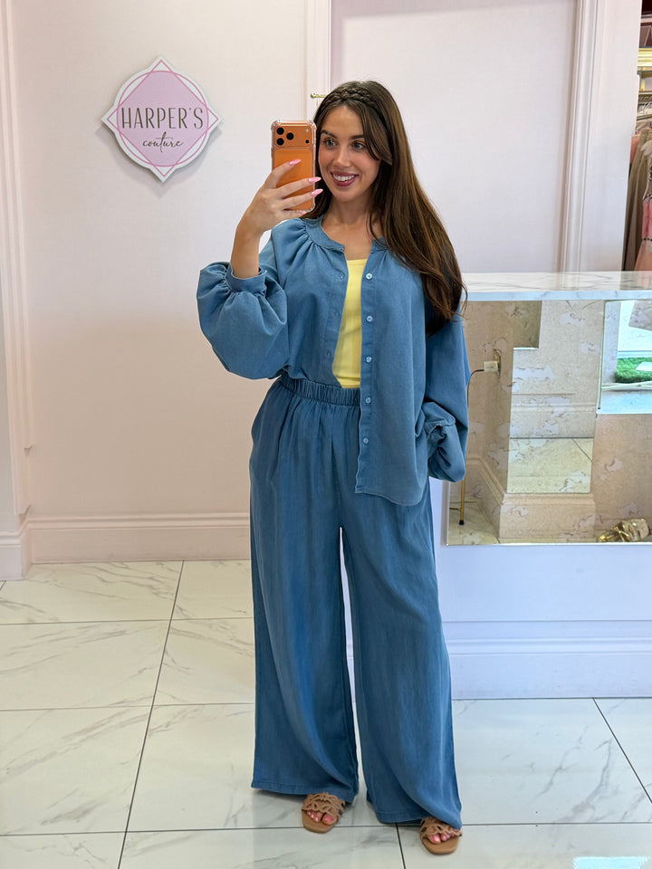 Taya Blue Stretch Wide leg Trouser