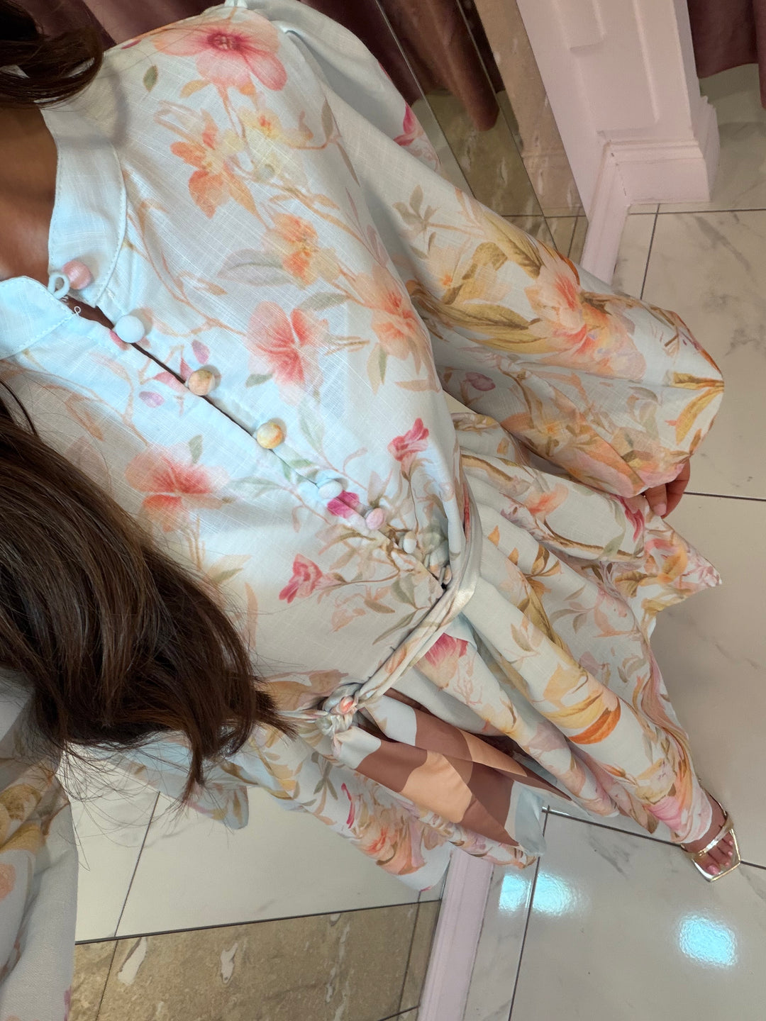 Floella Blue Belted Multicoloured Flower Dress